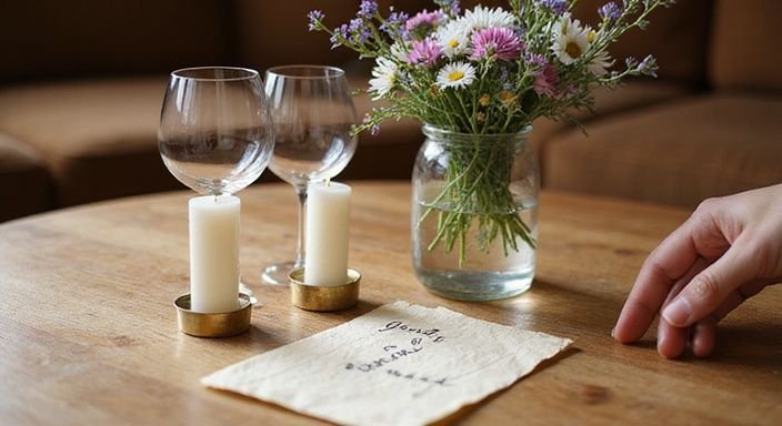 Een intieme setting met wijn, bloemen en een handgeschreven notitie. Een intieme setting met wijn, bloemen en een handgeschreven notitie.