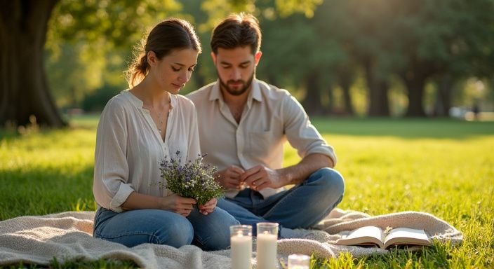 Een stel geniet van een rustige picknick in een park. Een stel geniet van een rustige picknick in een park.