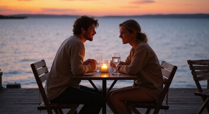 Een man en vrouw genieten samen van een diner aan zee. Een man en vrouw genieten samen van een diner aan zee.