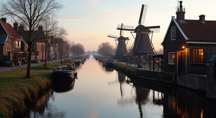 Een rustige avondscène van een kanaal met historische windmolens en huizen. Een rustige avondscène van een kanaal met historische windmolens en huizen.