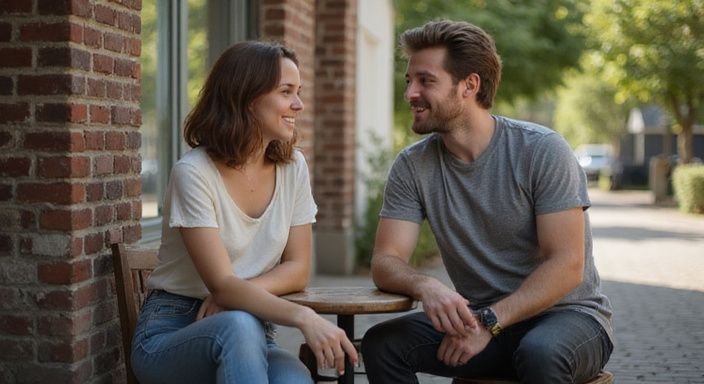 Een man en vrouw genieten van een intiem gesprek in een café