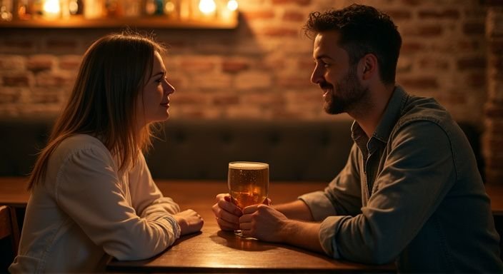 Twee mensen in een bar delen een intiem moment van verbinding.