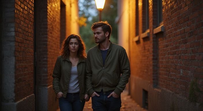 Een man en vrouw wandelen samen door een smalle steeg.