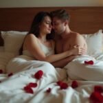 Erotisch contact vinden in Overijssel - Ontdek nu spannende mogelijkheden! Een paar zit innig samen op een bed met rozenblaadjes
