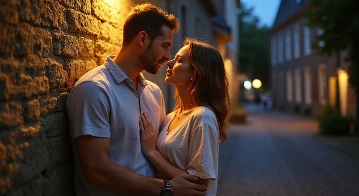 Een stel omarmt elkaar tegen een historische stenen muur.