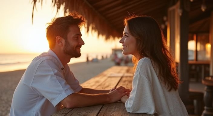 Een man en vrouw delen een intiem moment aan een strandbar.