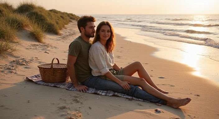 Een stel geniet van een intieme picknick op het strand. Een stel geniet van erotisch contact in Zeeland op het strand.