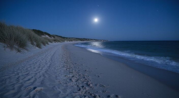 Een afgelegen baai met zandstrand en zachte golven bij nacht.