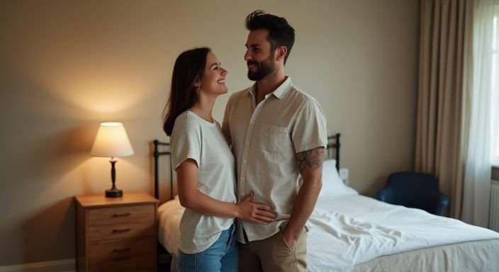 Een man en vrouw staan dicht bij elkaar in een hotelkamer. Een man en vrouw staan dicht bij elkaar in een hotelkamer.