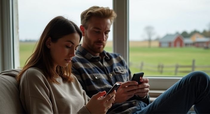 Een man en vrouw zitten samen op een bank, elk met hun smartphone. Een man en vrouw zitten samen op een bank, elk met hun smartphone.