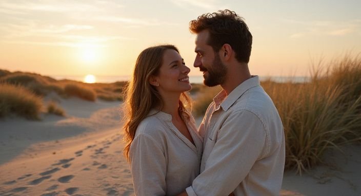 Een vrouw en man omarmen elkaar liefdevol op het strand. Een vrouw en man omarmen elkaar liefdevol op het strand tijdens hun erotisch contact in Zeeland.