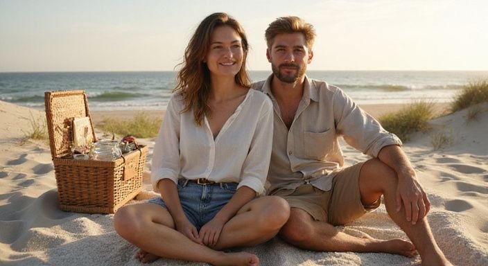 Een koppel geniet van een ontspannen picknick op het strand. Een koppel geniet van erotisch contact in Zeeland op het strand.