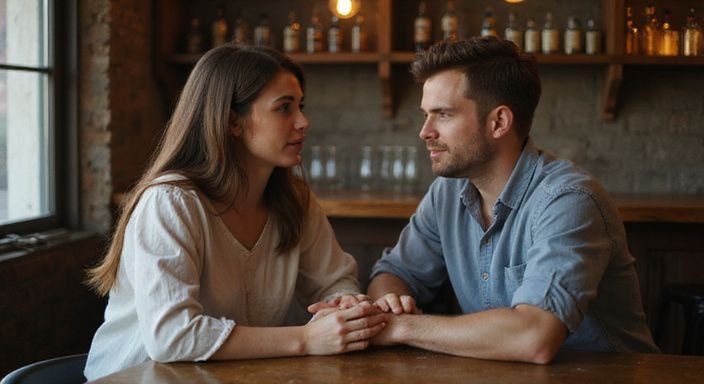 Een vrouw en man delen een intiem gesprek aan de bar. Een vrouw en man delen een intiem gesprek aan de bar.