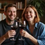 Een man en vrouw lachen samen op een comfortabele sofa