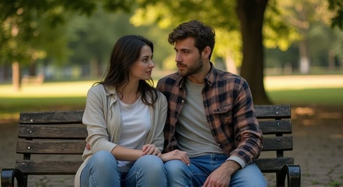Een vrouw en een man zitten intiem op een houten bank