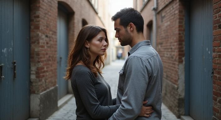 Een stel staat dicht bij elkaar in een smalle steeg