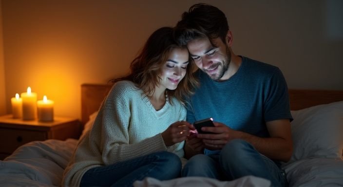 Een vrouw en een man zitten samen op een bed met een telefoon