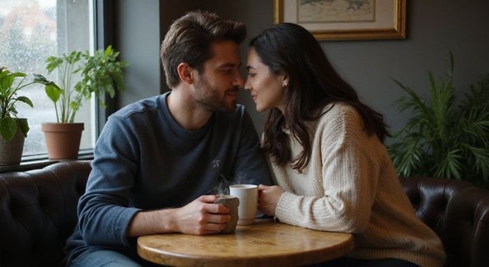 Twee mensen delen een intiem moment in een gezellige cafe