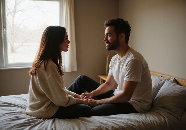 Een jong stel in gesprek over veilige seks en anticonceptie