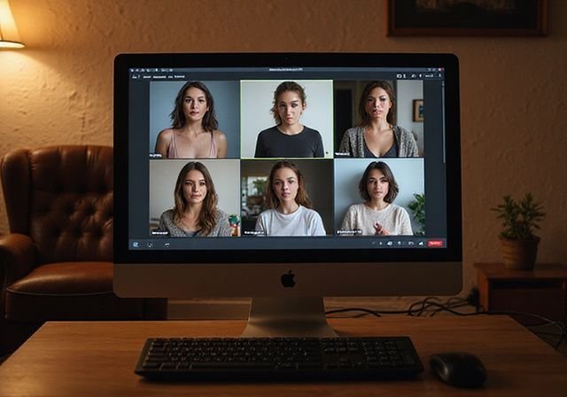 Een computer scherm toont live video’s van performers in alledaagse omgevingen. Een computer scherm toont live video’s van performers in alledaagse omgevingen