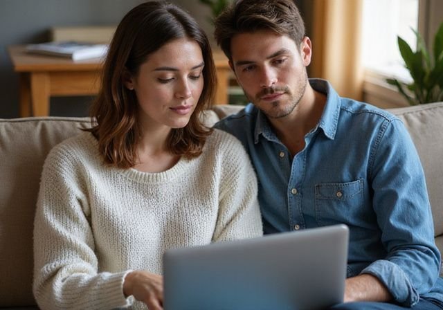 Een vrouw en man zitten samen op een bank met een laptop