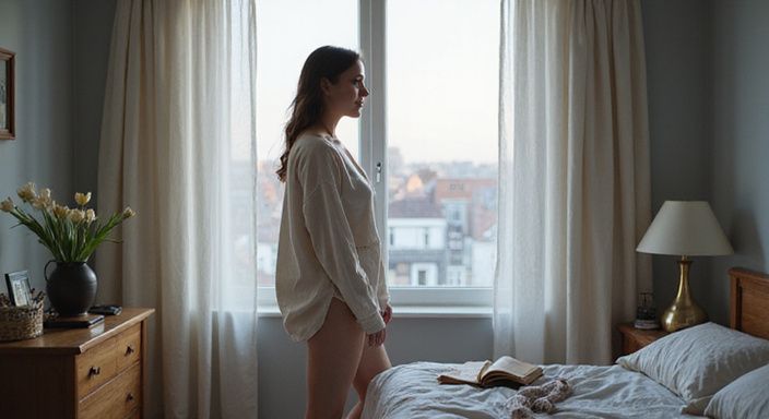 Een vrouw in een slaapkamer met persoonlijke items en een serene uitstraling. Een vrouw in een slaapkamer met persoonlijke items en een serene uitstraling.