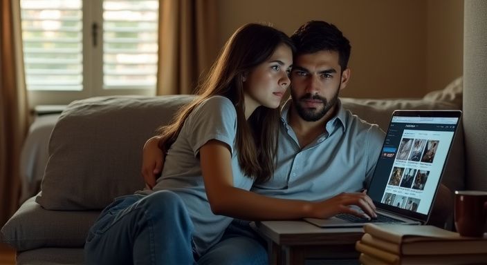 Een jong stel kijkt nieuwsgierig naar een laptop in hun slaapkamer. Een jong stel kijkt nieuwsgierig naar een laptop in hun slaapkamer.