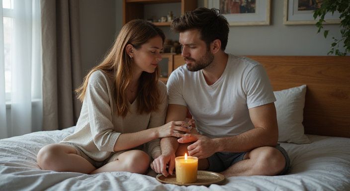 Een man en vrouw zitten intiem op een bed met een kaars. Een man en vrouw zitten intiem op een bed met een kaars en hebben een kinky sexcontact.