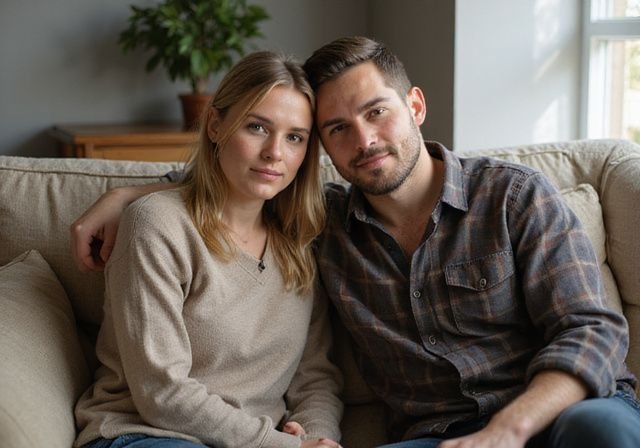 Een vrouw en man zitten samen op een versleten bank. Een vrouw en man zitten samen op een versleten bank