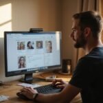 Een man werkt geconcentreerd aan een datingwebsite in zijn thuis kantoor