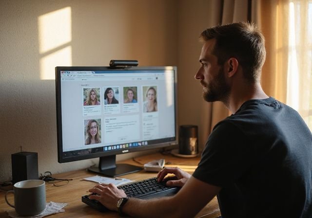 Een man werkt geconcentreerd aan een datingwebsite in zijn thuis kantoor. Een man werkt geconcentreerd aan een datingwebsite in zijn thuis kantoor