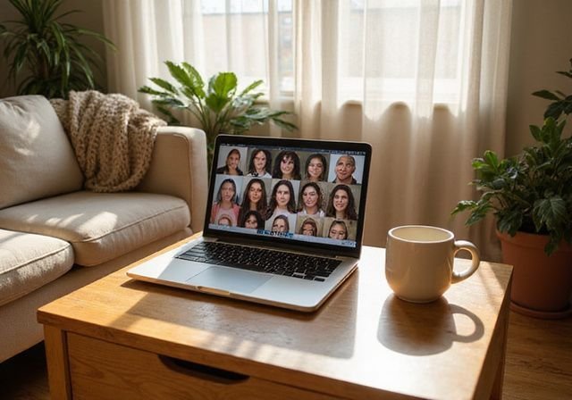 Een moderne laptop op een houten tafel in een gezellige woonkamer