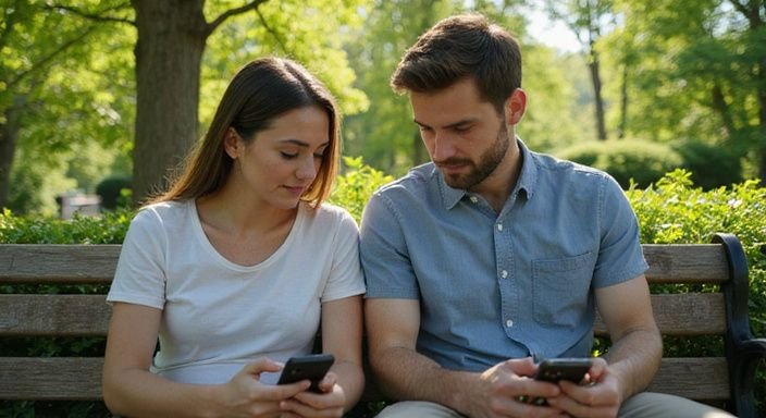 Een vrouw en een man zitten samen op een parkbank, elk met hun smartphone. Een vrouw en een man zitten samen op een parkbanken willen neuken in je buurt