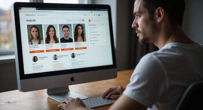 Een persoon zit geconcentreerd achter een bureau, bezig met een datingsite. Een persoon zit geconcentreerd achter een bureau, bezig met een datingsite.