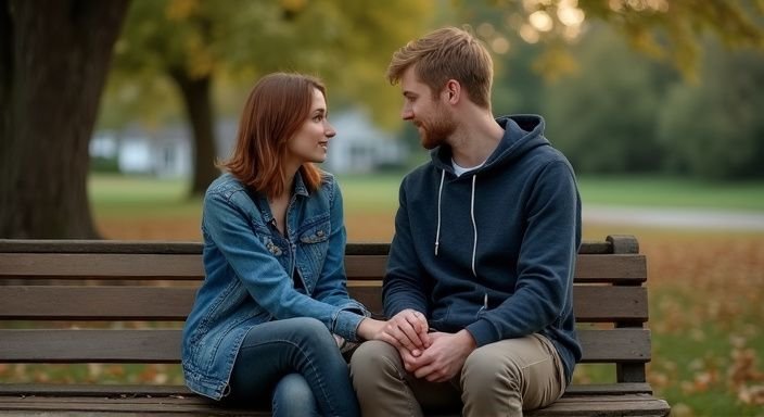 Een man en vrouw voeren een intiem gesprek op een bank. Een man en vrouw voeren een intiem gesprek over neuken in je buurt op een bank.