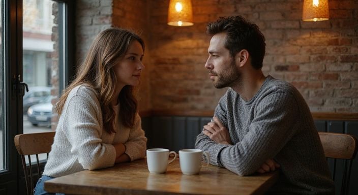 Een jong stel praatserieuze over veiligheid tijdens intieme bijeenkomsten in een café. Een jong stel praatserieuze over veiligheid tijdens intieme bijeenkomsten in een café