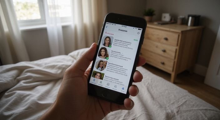 Een smartphone met een datingapp in een gezellige slaapkamer. Een smartphone met een datingapp in een gezellige slaapkamer