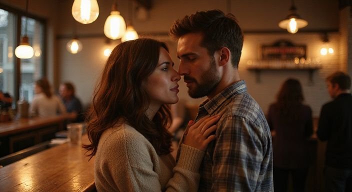 Een man en vrouw staan dicht bij elkaar in een gezellige bar. Een man en vrouw staan dicht bij elkaar in een gezellige bar