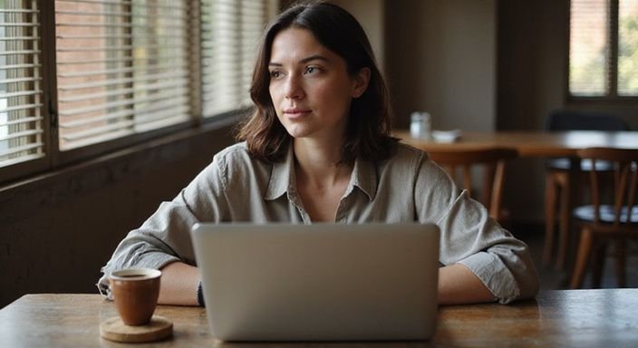 Een vrouw in de dertig werkt geconcentreerd aan haar laptop. Een vrouw in de dertig werkt geconcentreerd aan haar laptop