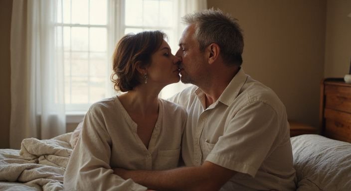 Een middel-aged stel deelt een tedere kus in hun slaapkamer. Een middel aged stel deelt een tedere kus in hun slaapkamer