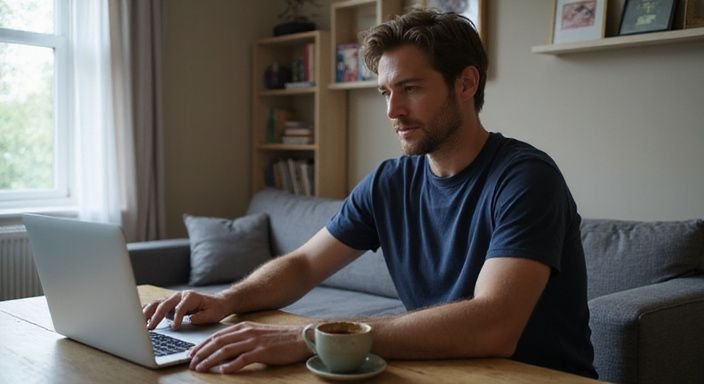 Een man werkt geconcentreerd aan zijn laptop aan een eettafel. Een man werkt geconcentreerd aan zijn laptop aan een eettafel