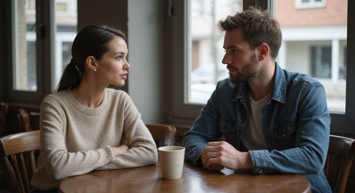 Een vrouw en een man hebben een intiem gesprek in een café. Een vrouw en een man hebben een intiem gesprek in een café