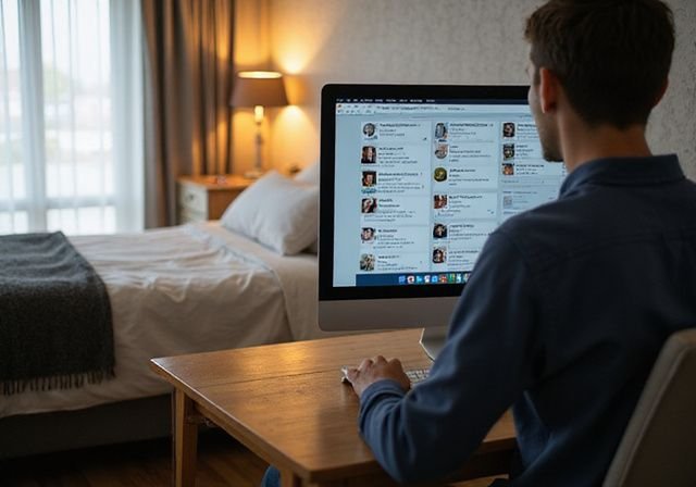 Een desktopcomputer toont datingprofielen op een nette bureau-omgeving. Een desktopcomputer toont datingprofielen op een nette bureau omgeving