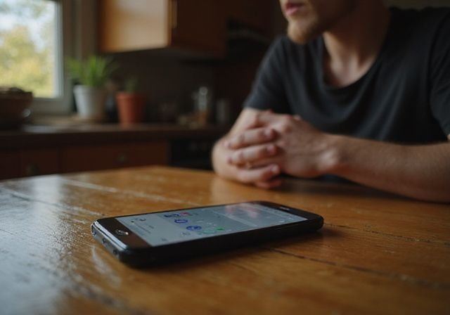 Een smartphone op een houten tafel met een voorzichtig zittende persoon