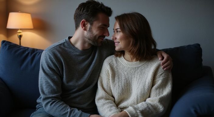 Een stel zit knus op een bank, genietend van elkaars gezelschap