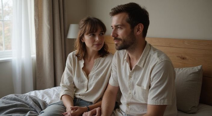 Een koppel deelt een intiem moment in een rustige slaapkamer