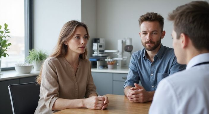 Een stel in gesprek met een zorgverlener in een moderne kliniek