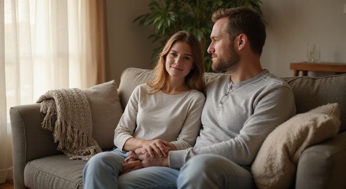 Een stel in een gezellige woonkamer, intiem en ontspannen op de bank