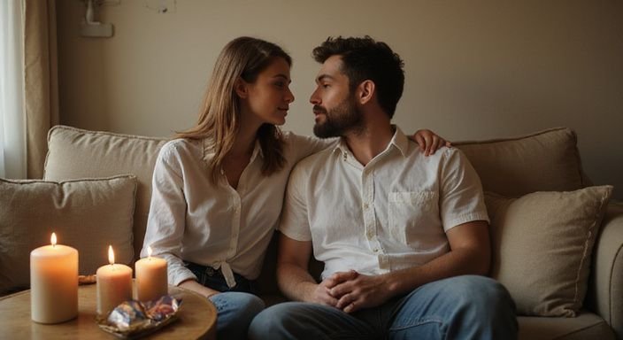 Een jong stel zit intiem op een bank met verantwoordelijkheidsgevoel