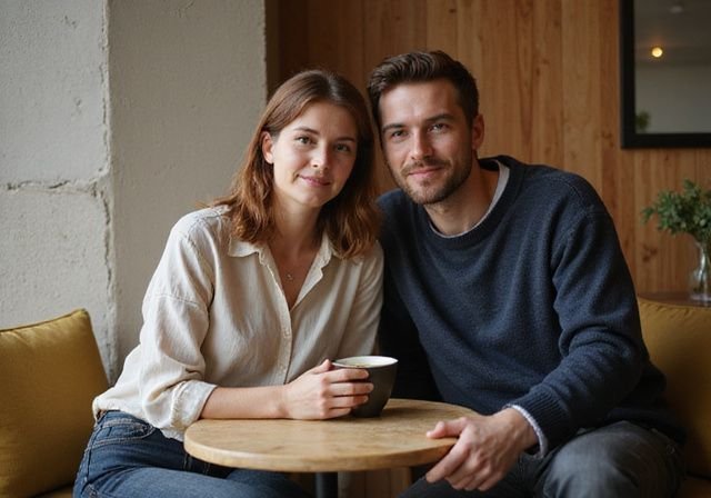 Een vrouw en man in een gezellige café, met ontspannen uitdrukkingen